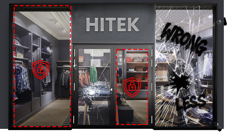 Store front showing HITEK security film protection vs unprotected glass