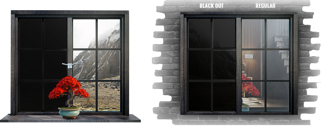 Black Out privacy film comparison showing view from inside versus view from outside