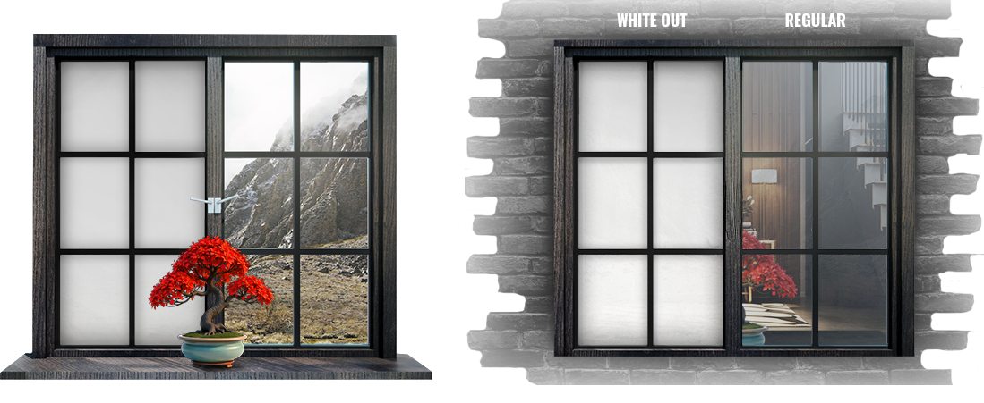 White Out privacy film comparison showing view from inside versus view from outside