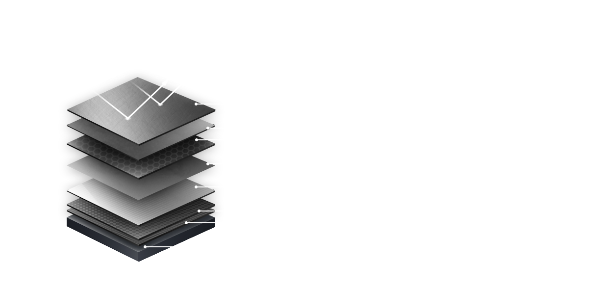 Exploded diagram showing HITEK solar control film layers including scratch resistant hardcoat, optical grade polyester, nano ceramic, lamination adhesive, reflective exterior layer, and ultra clear adhesive on glass surface