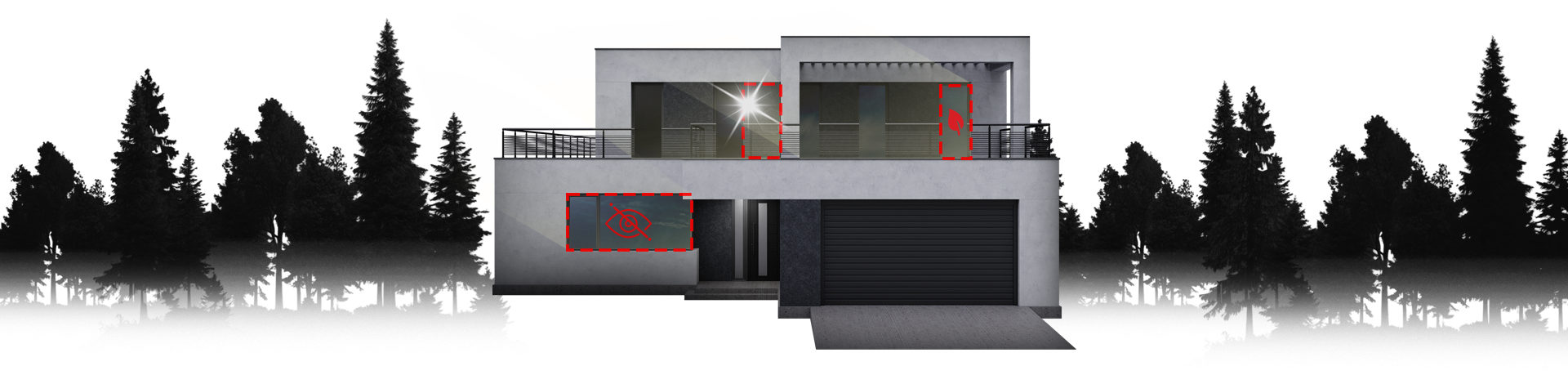 Modern home with HITEK solar control film applied showing heat rejection zones on windows