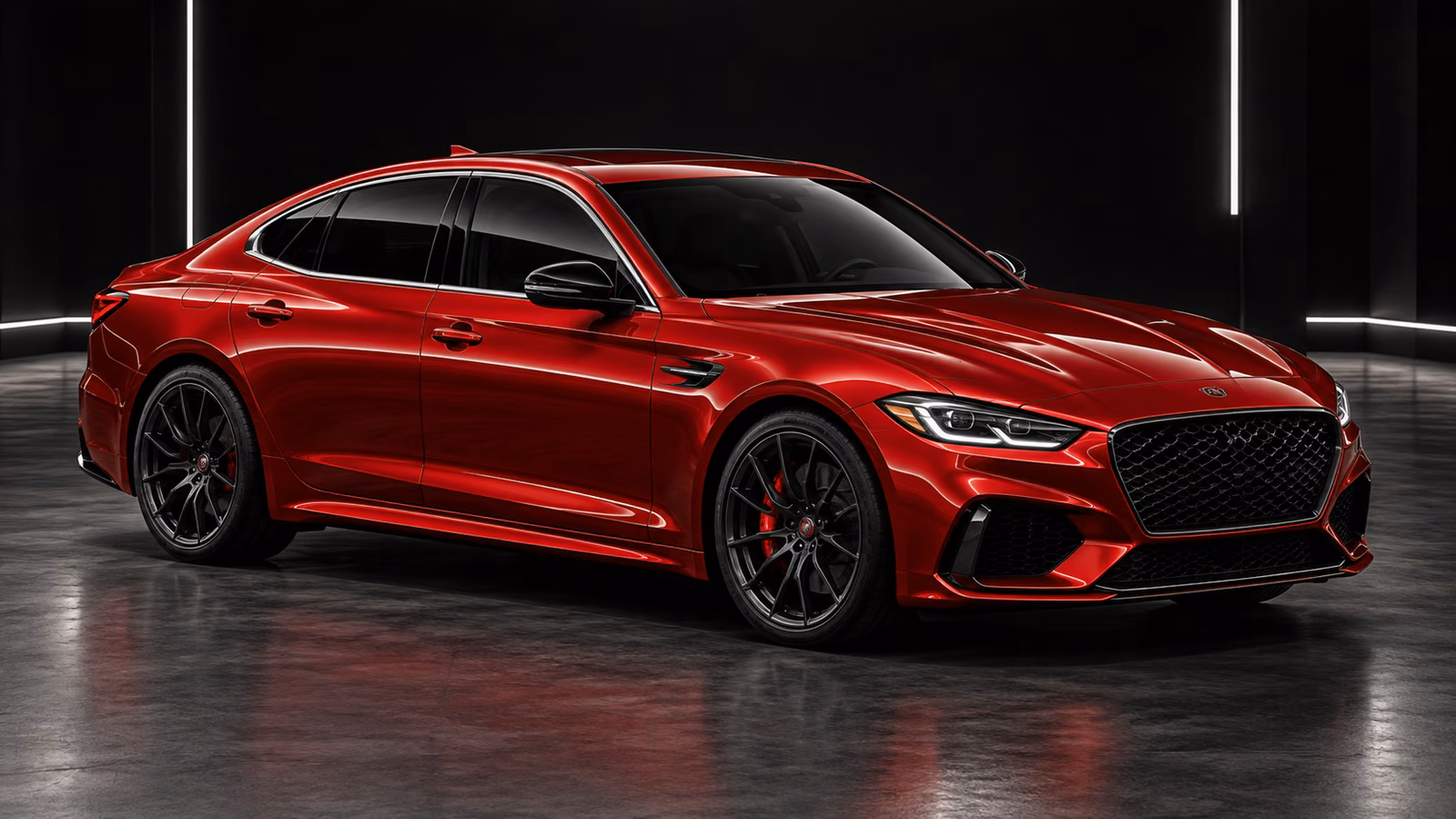 Complete red performance sedan in a neutral detailing studio
