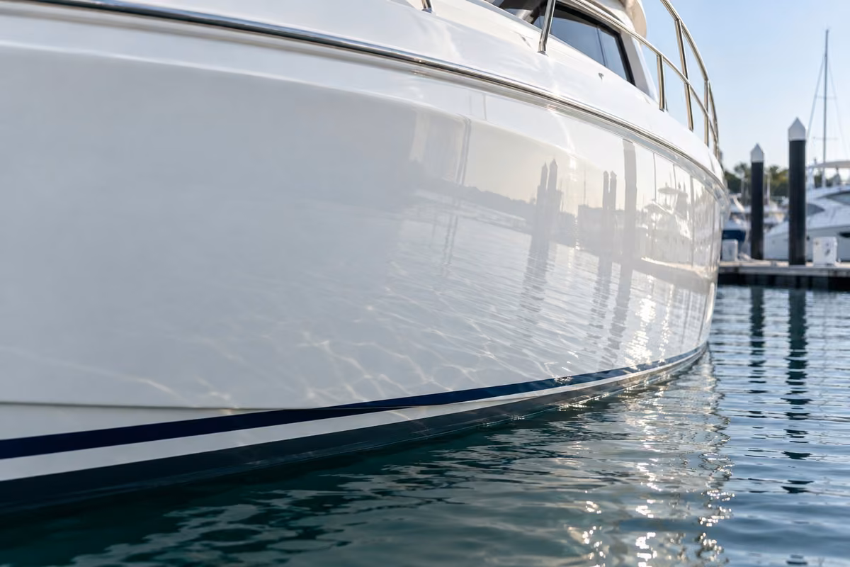 Gloss on gelcoat illustrated on prepared marine and rv surfaces