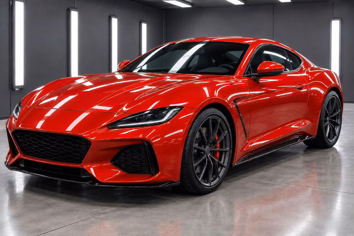 Red painted coupe with clear high gloss PPF and crisp reflections