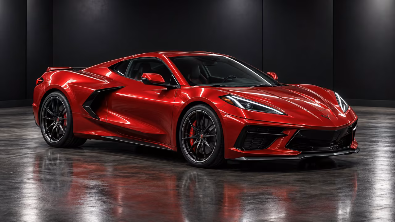 A deep red mid-engine exotic supercar with a wedge silhouette, wide rear hips, crisp led headlights, sculpted side air intakes and dark wheels in a neutral detailing studio