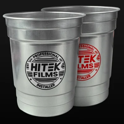 HITEK Aluminum Cups, reusable recyclable drinkware with HITEK logo