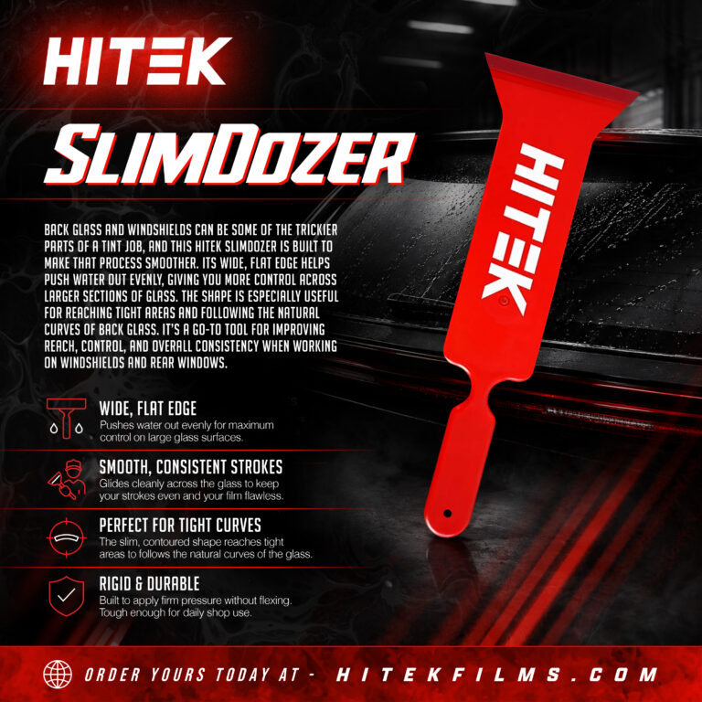 HITEK SlimDozer red window tinting tool designed for water removal, improved reach, and consistent pressure on windshields and rear windows.