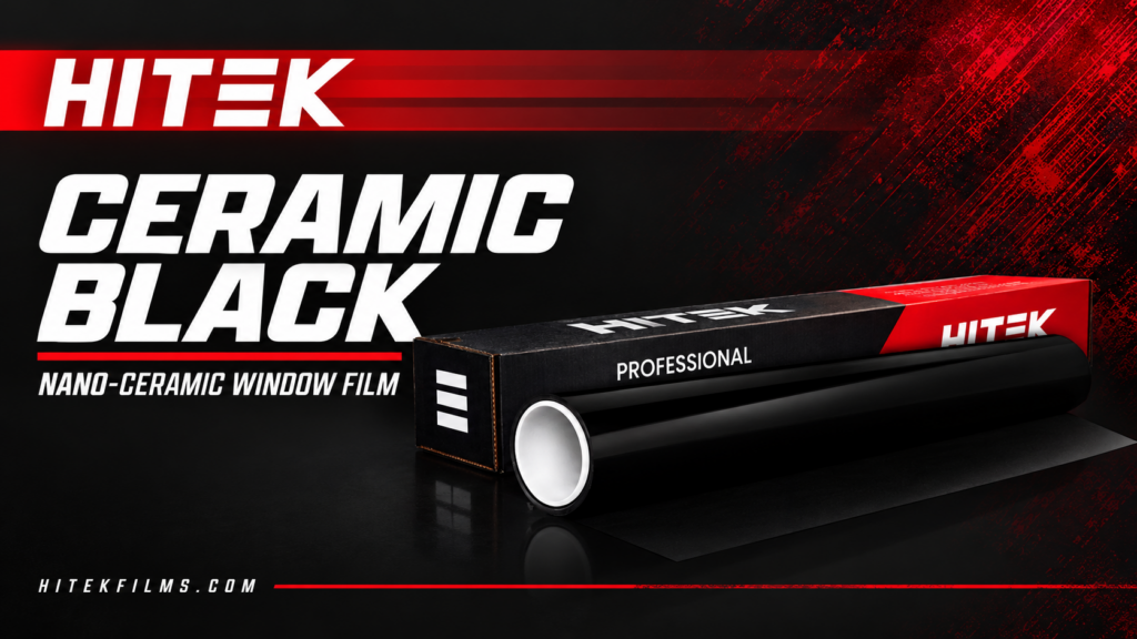 HITEK Ceramic Black window tint roll and branded box on black and red background