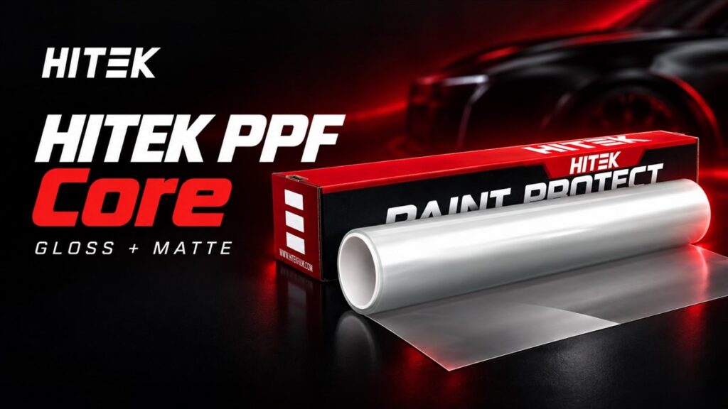 HITEK PPF Core paint protection film roll and packaging with Gloss and Matte finish options.