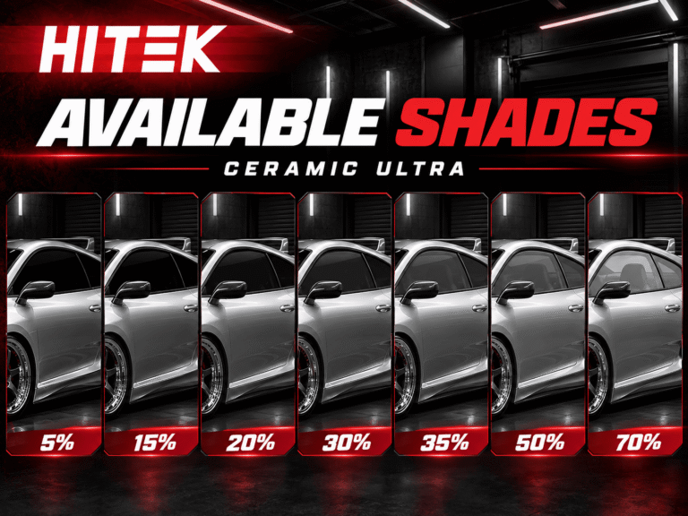 HITEK Ceramic Ultra automotive window tint shades shown in 5%, 15%, 20%, 30%, 35%, 50%, and 70% VLT